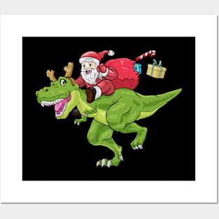 Santa Claus rides T-Rex Reindeer Dino Dinosaur Christmas Posters and Art